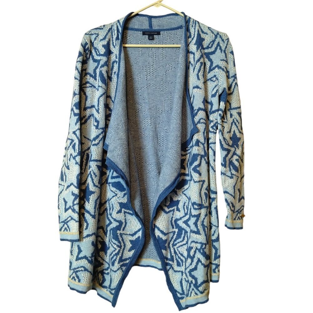 Tommy Hilfiger Size Small Open Front Cardigan Sweater Stars Blue/White